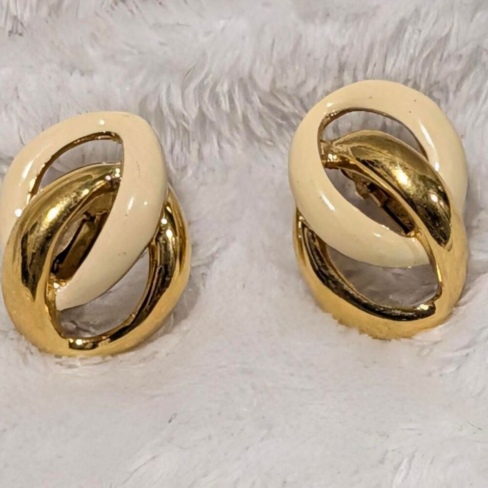 Vintage Napier Cream Enamel & Gold-Tone Interlocking Ribbon Clip-On Earrings